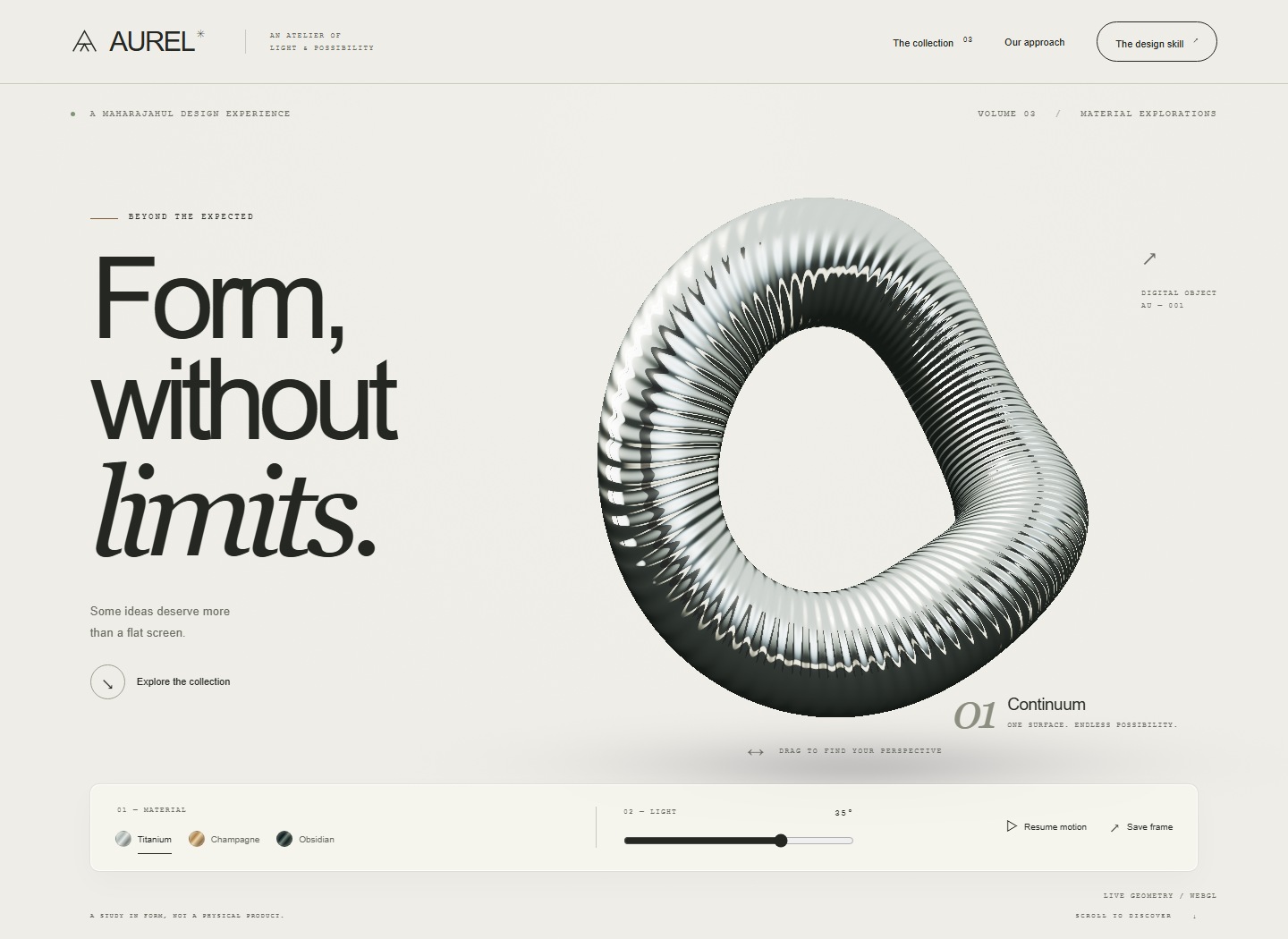 Actual Aurel browser render: editorial typography beside a finely ribbed metal sculpture and working material controls.