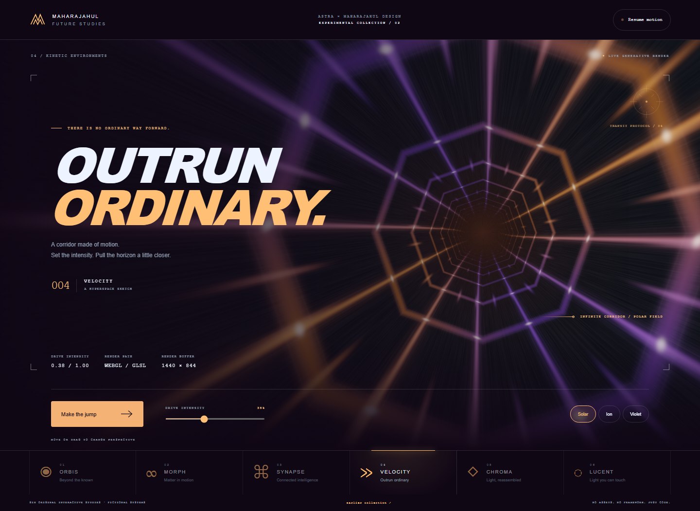An illuminated structural tunnel converging on a distant vanishing point.