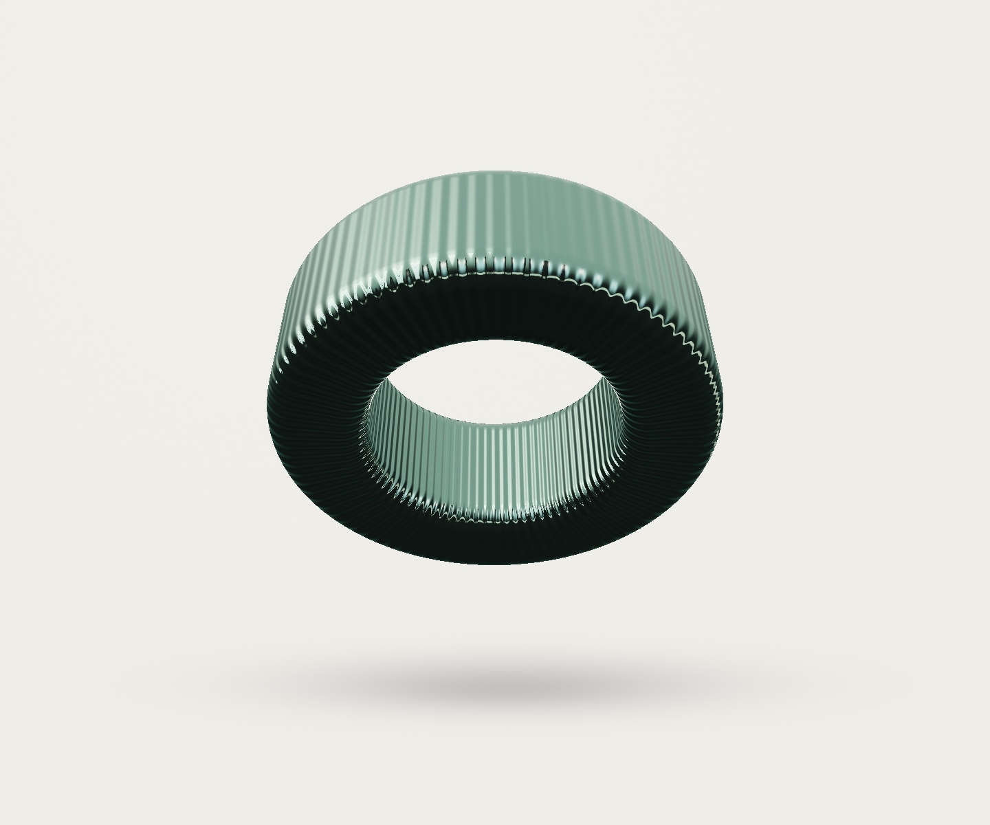 Aperture: a dark polished, open-centered mechanical sculpture with luminous edges.